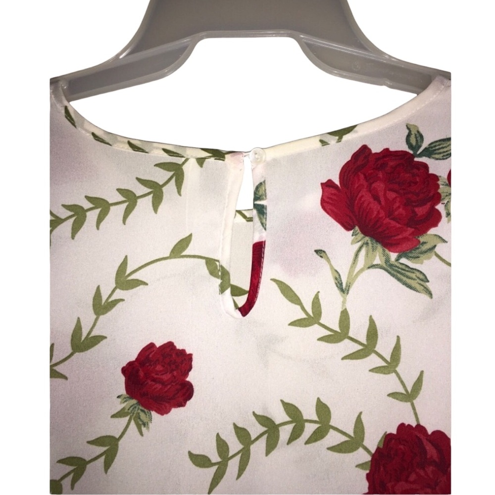 Women’s White Sheer Blouse w/ Red Rose Print - Picture 3 of 4